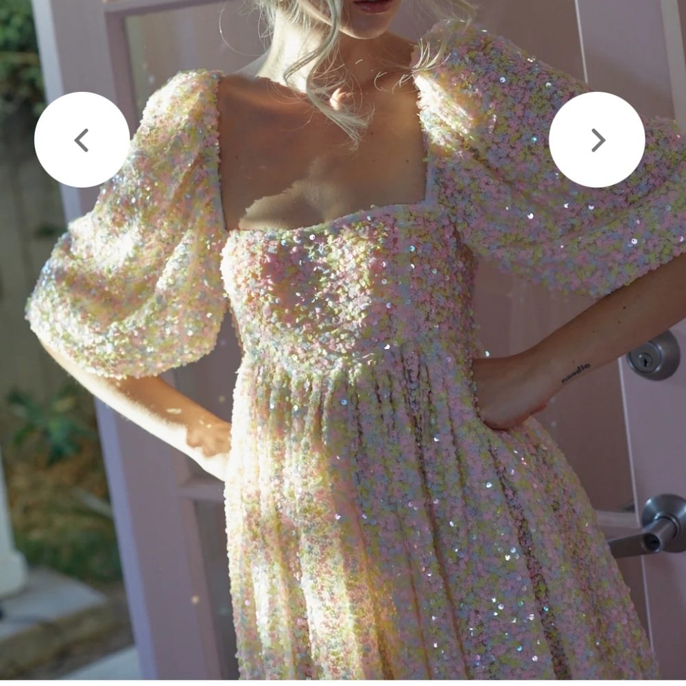 Selkie The Rainbow Sparkling Sequin Puff Sleeve Dress - Picture 14 of 16